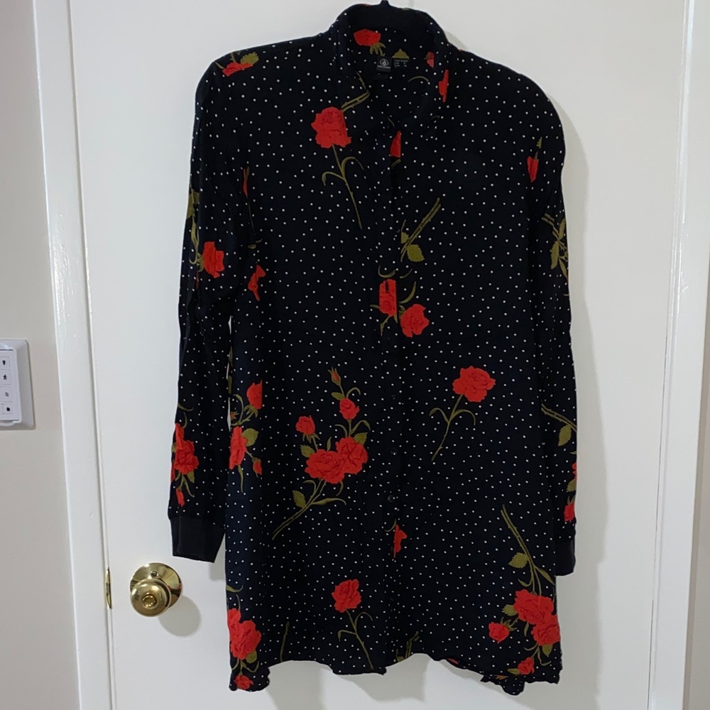 Volcom Black and Red Floral Polka Dotted Long Sleeve Dress